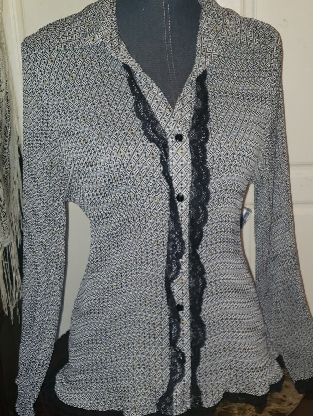 Notations Black and White Geometric Print Top W/Black Lace Trim & Yellow Accents